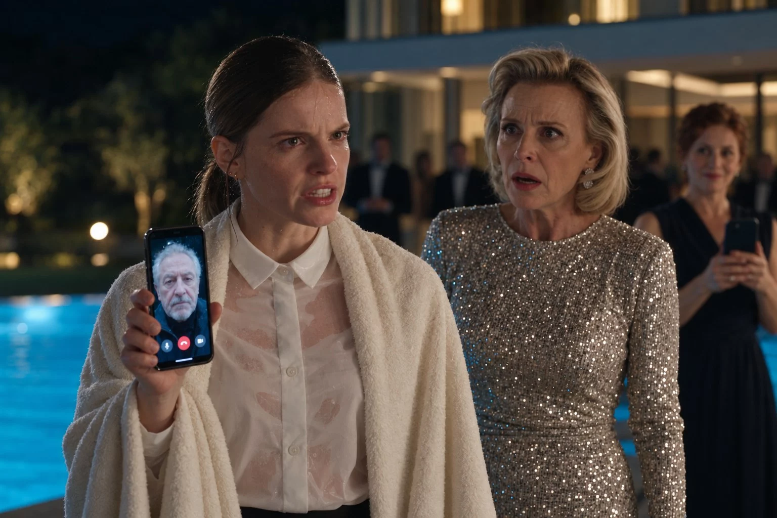 Camille écoute Laurent en appel vidéo tandis que Victoria observe avec inquiétude.