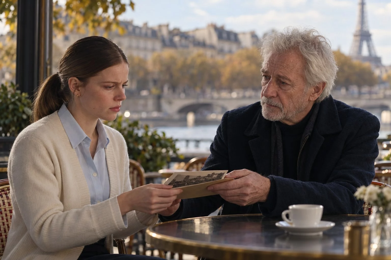 Camille reçoit une photographie et une enveloppe de Laurent dans un café.
